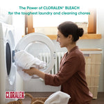 Person loading a front-load washing machine while holding white laundry, Cloralen logo in corner