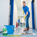 Person mopping a hallway floor with bucket and an OdoBan Neutral pH floor cleaner bottle graphic in the corner