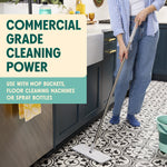 Person mopping patterned kitchen floor with Aunt Fannie’s bottle visible on counter and commercial-grade claim