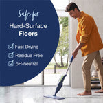 Person using a Bona spray mop in a bright room with text calling out fast drying and residue-free