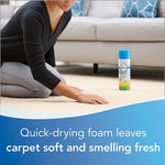 Lifestyle image of a person kneeling on carpet with a Febreze can visible in the background and text about quick-drying foam.