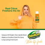Smiling person in an orange sweater pointing to and holding a can of OdoBan Real Citrus air freshener against an orange background with product text.