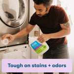 Lifestyle photo of person pouring ECOS detergent into a washing machine drawer in a laundry room