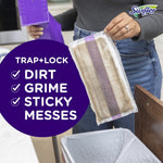 Person pulling a dirty Swiffer WetJet pad from the mop above a trash can with circular feature text listing trapped messes.