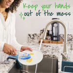 Person scrubbing a plate with a blue dishwand at a kitchen sink, overlay text reads 'Keep your hands out of the mess'.