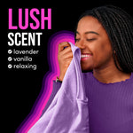 Smiling person smelling a purple garment beside text reading 'LUSH SCENT' with scent notes listed