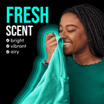 Person smelling a teal garment next to 'FRESH SCENT' callout with descriptors 'bright, vibrant, airy'