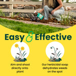 Person kneeling at a garden bed using a teal spray bottle while graphic text below reads "Easy & Effective" with application icons.