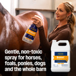 Woman spraying a horse with a Farnam Bronco e spray bottle, product jug shown in foreground with benefit text