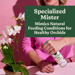 Person using a Miracle-Gro mist bottle to spray an orchid, overlaid with a green panel reading 'Specialized Mister'.