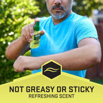 Person spraying Repel insect repellent onto their forearm with banner reading 'Not greasy or sticky'