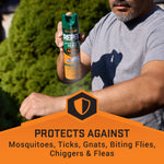 Person spraying Repel Sportsmen Max aerosol on their forearm outdoors with orange banner claiming protection against various biting insects