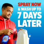Person spraying a white garment with OxiClean Max Force; large text reads spray now & wash up to 7 days later