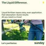 Person holding a hose-attached Sunday Green Machine sprayer applying liquid fertilizer to a lawn