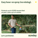 Smiling person using a hose-on Sunday Nix Ticks spray bottle along a hedge, text noting protection up to 5,000 square feet