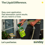 Person holding a Sunday Texas Green ready-to-spray bottle attached to a hose and nozzle, demonstrating spray application