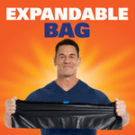 Person holding and stretching a black textured trash bag across an orange background with headline expandable bag