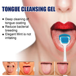 Close-up of a person using a blue silicone tongue scraper on their tongue with bulleted product benefits at left