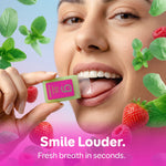 Close-up of person placing a Grin Strips strip into mouth, surrounded by berries and mint graphics.