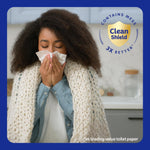 Person blowing nose with a tissue and a 'Clean Shield 3X better' badge overlayed on the image