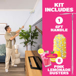 Lifestyle image of person using a long pink-handle Swiffer duster to reach a high corner, with product features listed at right