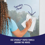 Rear view of person wiping a large window with a Sparkle paper towel and handwritten 'squeaky clean' caption