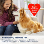 Smiling person with a dog on a couch and a red heart graphic reading 'Every Purchase Saves Pets' promoting BISSELL support