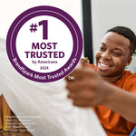 Smiling person holding a white sheet beside a large circular '#1 Most Trusted' BrandSpark award badge overlay.