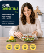 Smiling person wrapping a salad bowl with Lunchskins compostable clear wrap, home compostable claim panel visible