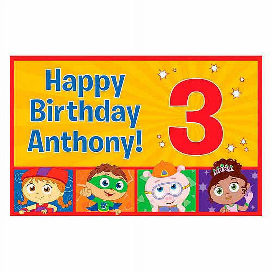 Bright personalized Super Why! birthday banner reading “Happy Birthday Anthony!” with a large red 3 and four cartoon character portraits