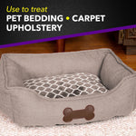 Image of a pet bed on a rug with text indicating use to treat pet bedding, carpet and upholstery