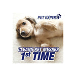 Small dog lying on carpet with 'Pet Expert' branding and bold text claiming it cleans pet messes first time