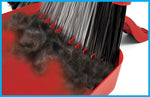 Close-up showing broom bristles and red dustpan filled with captured pet hair, highlighting the combs that remove hair