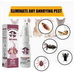 white 25 ml pet insect repellent spray bottle with matching box, pets in background, and circular pest icons around the product