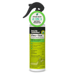 Tall Pet Life Unlimited Flea + Tick spray bottle with green label and black trigger sprayer on white background