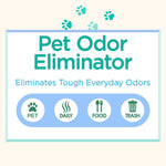 Graphic panel reading 'Pet Odor Eliminator' with icons for pet, daily, food and trash and paw print accents