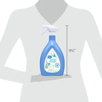 Silhouette sizing graphic showing the Great Value blue Pet Odor Eliminator spray bottle with a 9¾ inch height marker