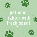 Green textured graphic with paw prints and text reading ‘pet odor fighter with fresh scent’