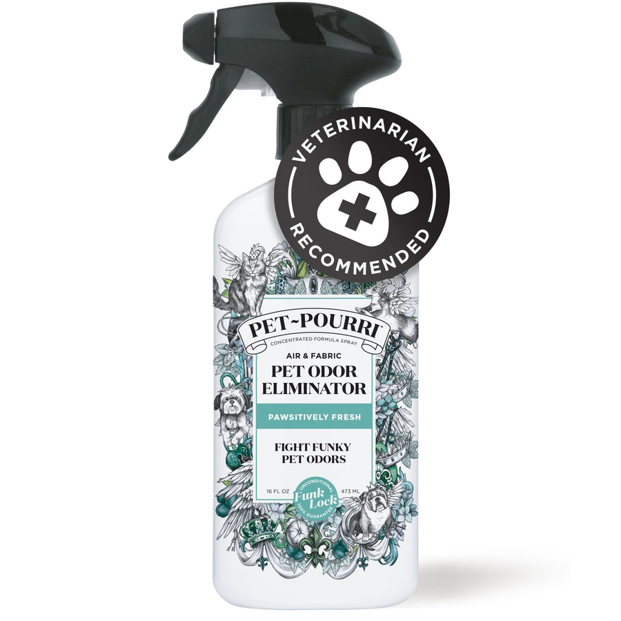 White Pet‑Pourri Pawsitively Fresh pet odor eliminator spray bottle with botanical label and vet recommended badge