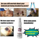 collage showing close-up photos of dogs with tick infestations and a white 25 ml repellent spray bottle