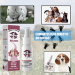 poster-style image showing a 25 ml instant fly repellent pet spray bottle and box with pets and flies and a banner reading eliminates flies directly on contact