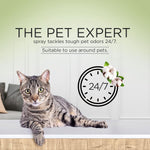 Promotional graphic with a tabby cat, clock icon reading 24/7 and text The Pet Expert on a pale green background