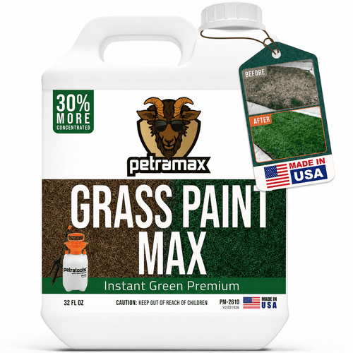 White jug of Petramax Grass Paint Max with label, before/after tag and 'Made in USA' tag