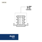 Technical line drawing diagram of a 1/2" PEX fitting cross-section with label and brief caption