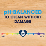 Wood-grain background infographic reading 'pH-BALANCED TO CLEAN WITHOUT DAMAGE' with a pH scale graphic.