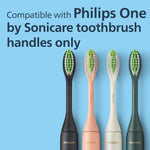 Four Philips One by Sonicare brush heads in different colors arranged on a blue background with compatibility text.