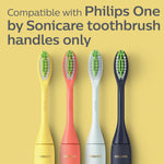 Four Philips One brush heads in assorted colors arranged vertically with text stating compatibility with Philips One by Sonicare handles