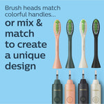 Four Philips One brush heads and matching handles displayed with text encouraging mix and match to create a unique design.