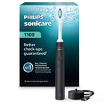 Philips Sonicare 1100 electric toothbrush in black shown with brush head, USB charging base and branded teal packaging in background.