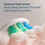 Close-up of Philips Sonicare brush head showing bristles contacting teeth with fluid action graphic